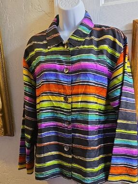 Chico's Black with Rainbow Stripes Silk Shirt